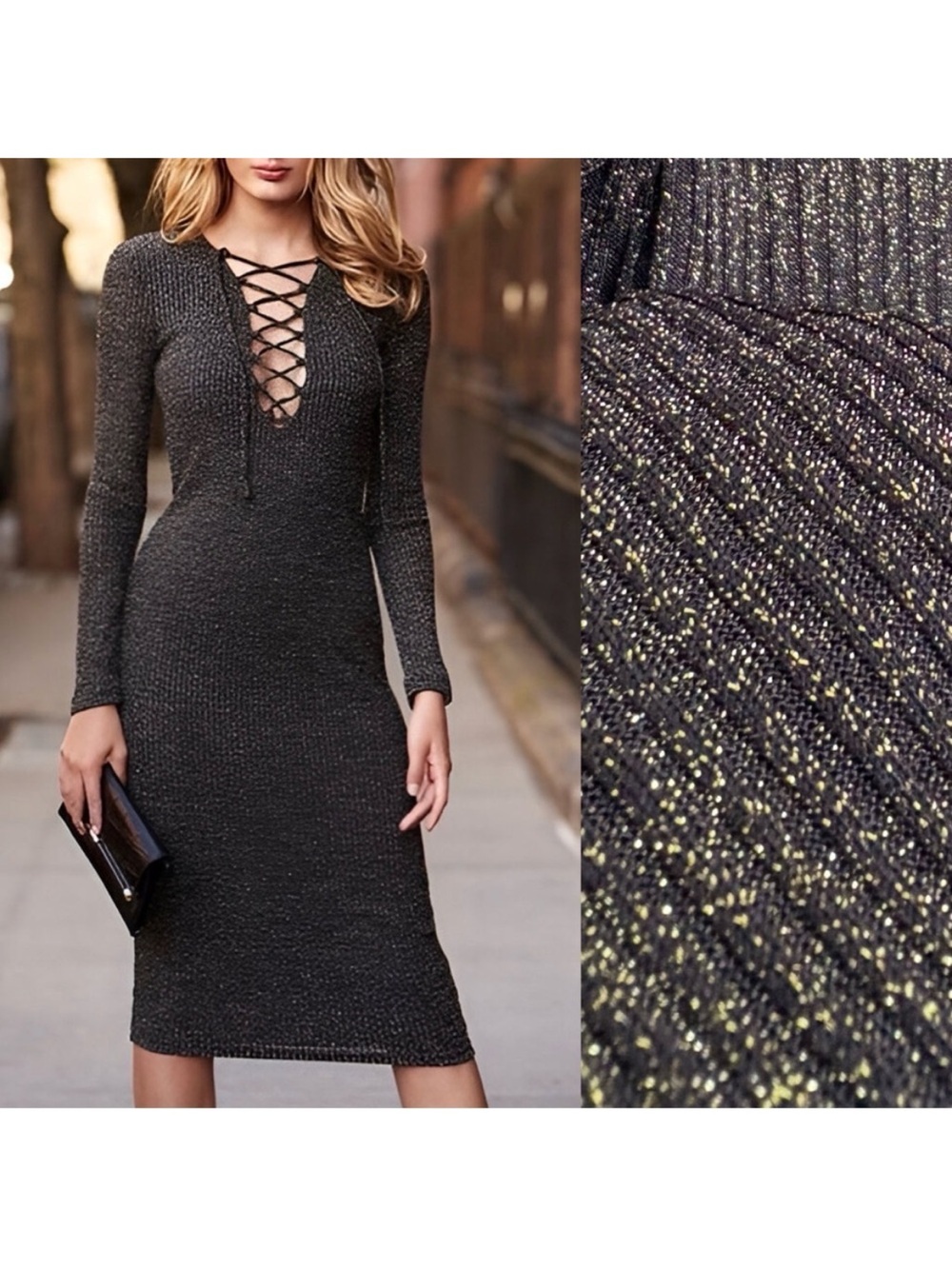 Bardot for Anthropologie Lace-Up Metallic Knit Bodycon Midi Dress